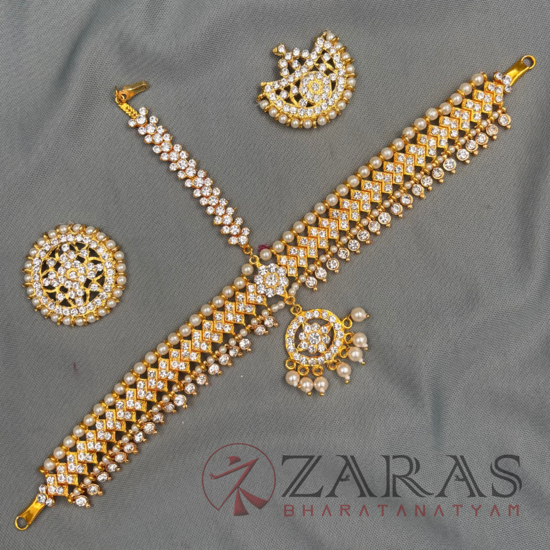 Bharatanatyam Dance Jewellery - Headset Gold White Stone V image 2