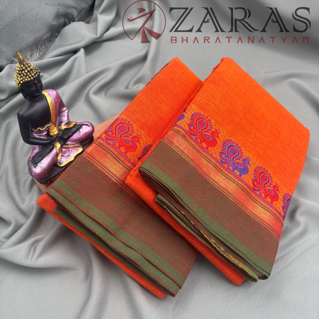 Bharatanatyam Dance Practice Saree - Orange with Green Small Peacock Border image 1