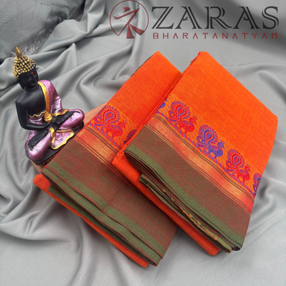 Bharatanatyam Dance Practice Saree - Orange with Green Small Peacock Border image 1
