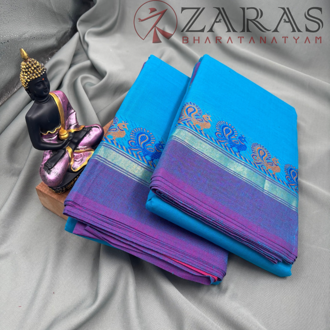 Bharatanatyam Dance Practice Saree - Blue BL Small Peacock Border image 2