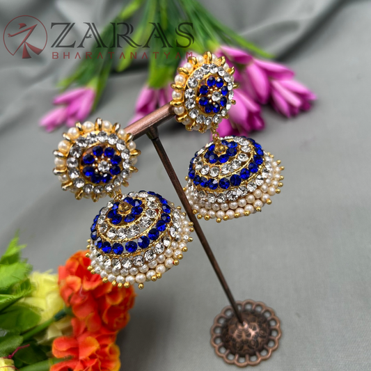 Bharatanatyam Dance Jewellery - 4 Line Jimiki Blue White Stone image 0