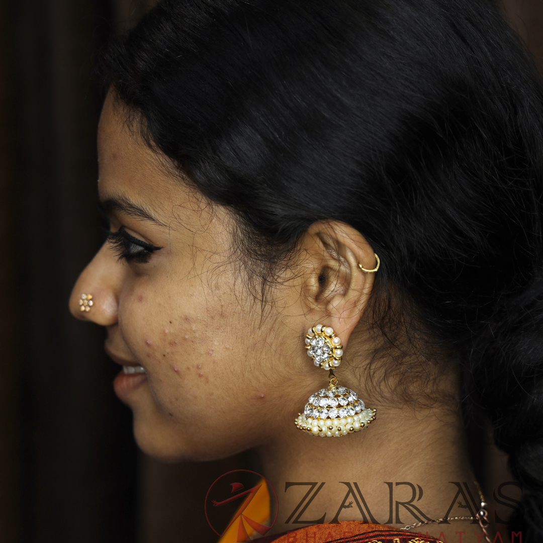 Bharatanatyam Dance Jewellery - 3L Full White Stone Jimiki with Kammal image 1