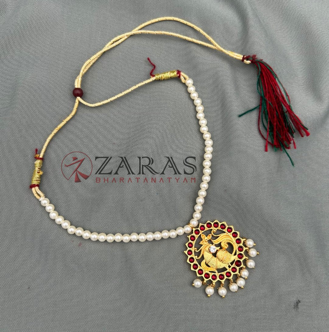 Bharatanatyam Dance Jewellery - Necklace 1 Line Beads Round & Peacock Red Kemp image 2