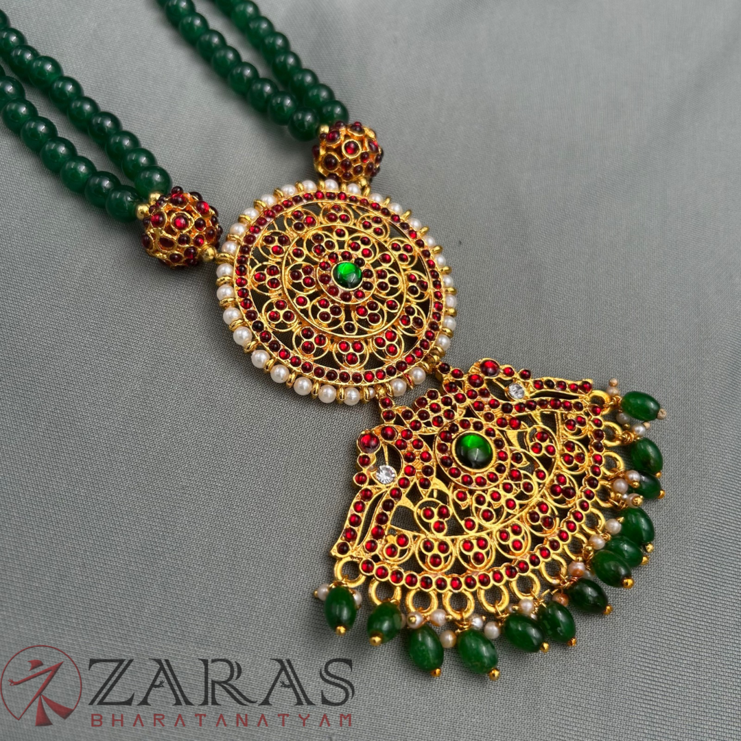 Bharatanatyam Dance Jewellery - Long Chain Green Beads Round Pen Kemp image 3