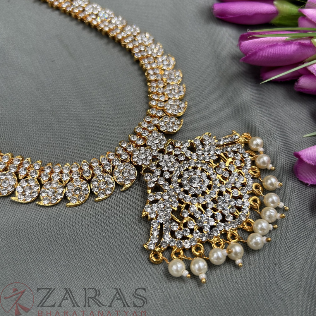 Bharatanatyam Dance Jewellery - Haaram Manga Design White Stone RG image 1
