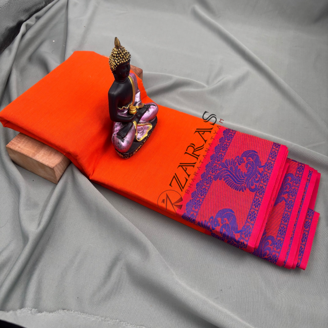 Bharatanatyam Dance Practice Saree - Orange Blue Peacock Border image 1