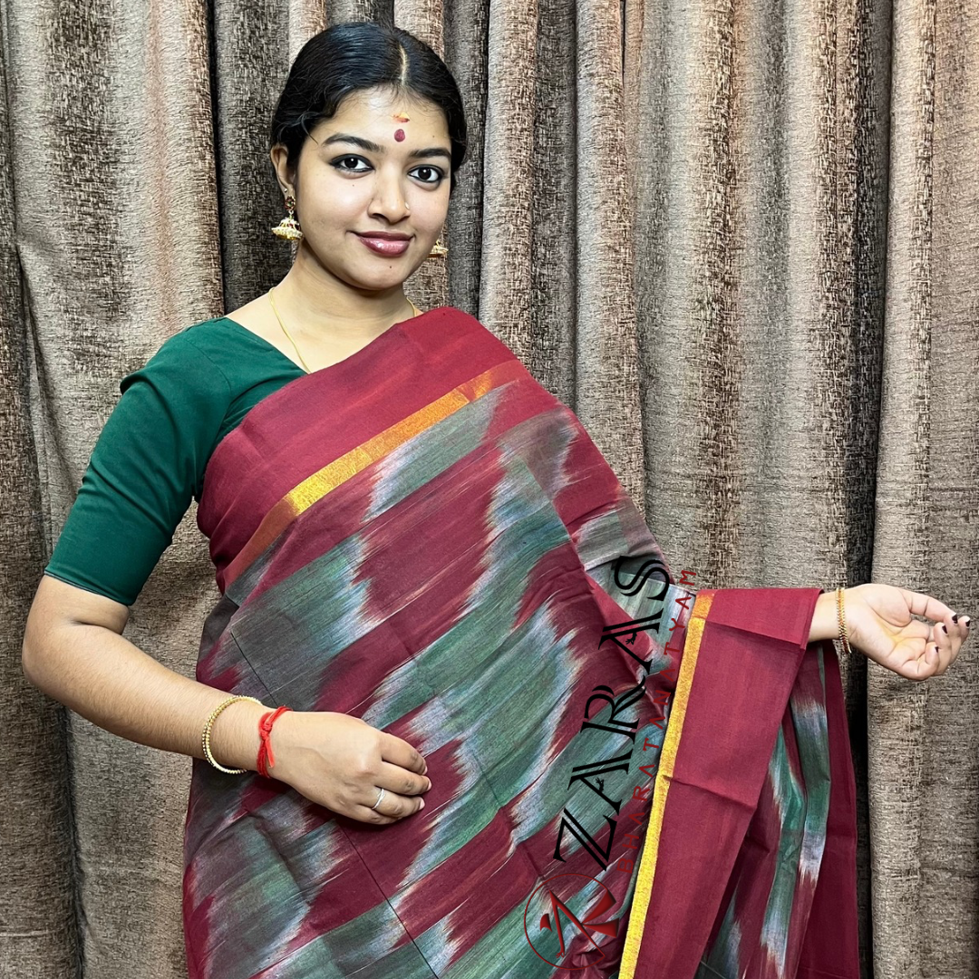 Bharatanatyam Dance Practice Saree - Marron P Green Mixed Ikkat Border image 0