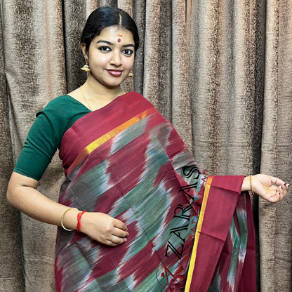 Bharatanatyam Dance Practice Saree - Marron P Green Mixed Ikkat Border image 0