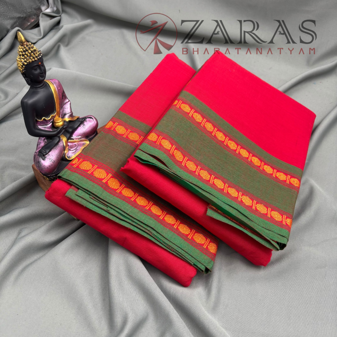 Bharatanatyam Dance Practice Saree - Red with Green Coin Border image 2