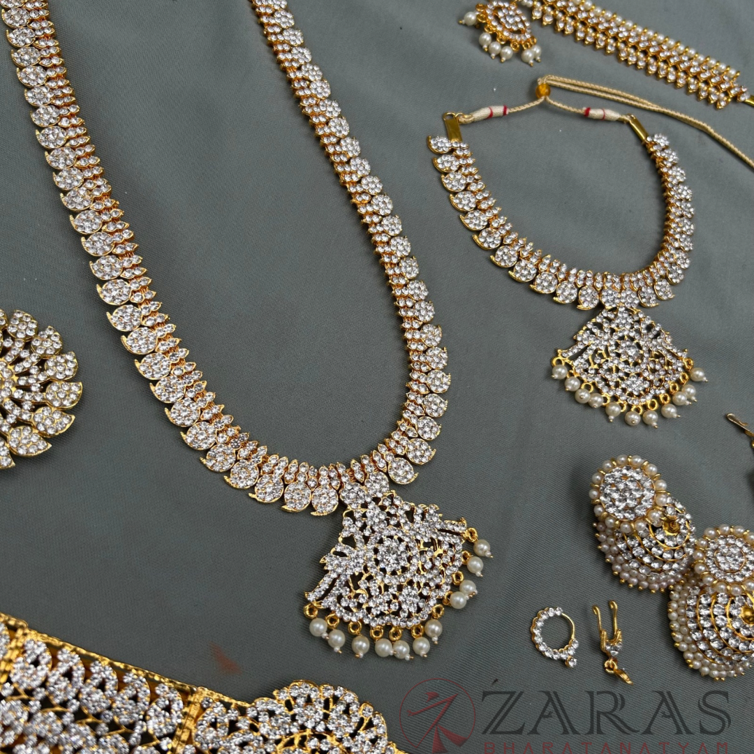 Bharatanatyam Dance Jewellery - Manga Design White Stone Full Set image 3
