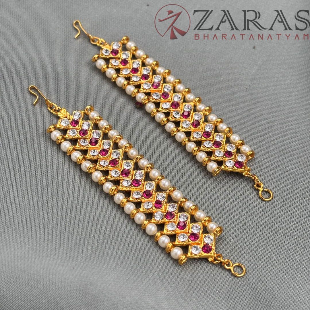 Bharatanatyam Dance Jewellery - White With Pink V Maatal With Beads image 3