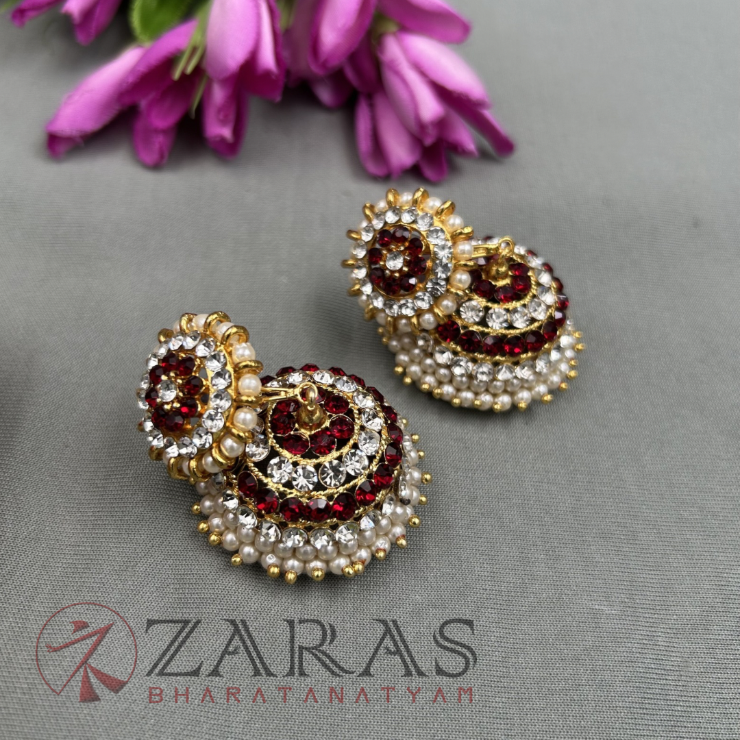 Bharatanatyam Dance Jewellery - 4 Line Jimiki Maroon White Stone image 1