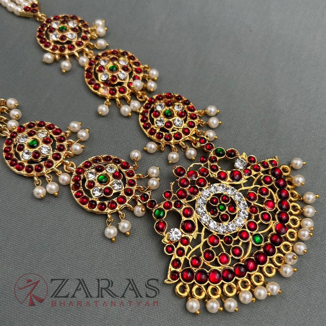 Bharatanatyam Dance Jewellery - 3 Line Beads with Round CS RG Kemp Haaram / Long Chain image 3