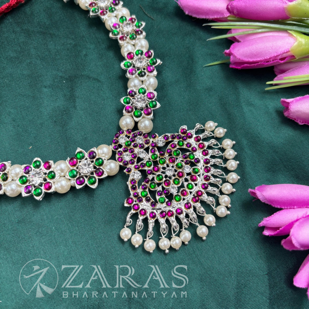 Bharatanatyam Dance Silver Jewellery - Peacock & Flower Necklace PG Kemp CS image 1