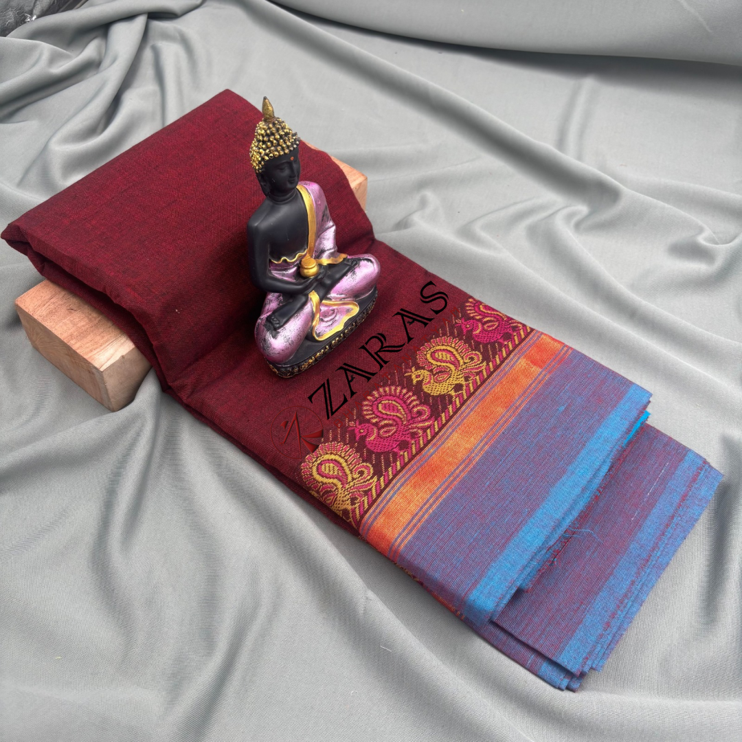 Dance Practice Saree - Maroon with Blue Small Peacock Border image 0