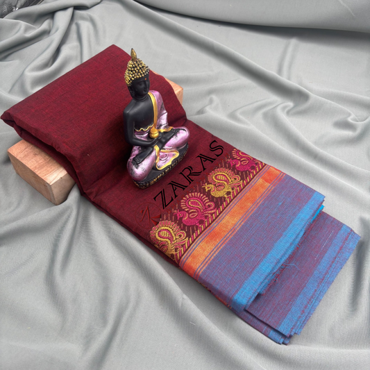 Dance Practice Saree - Maroon with Blue Small Peacock Border image 0