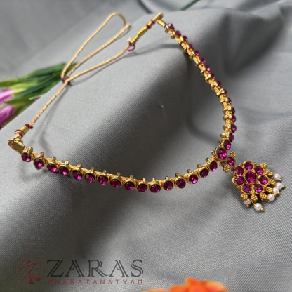 Bharatanatyam Dance Jewellery - Necklace 1 Line Attigai & Flower Pink Stone image 2