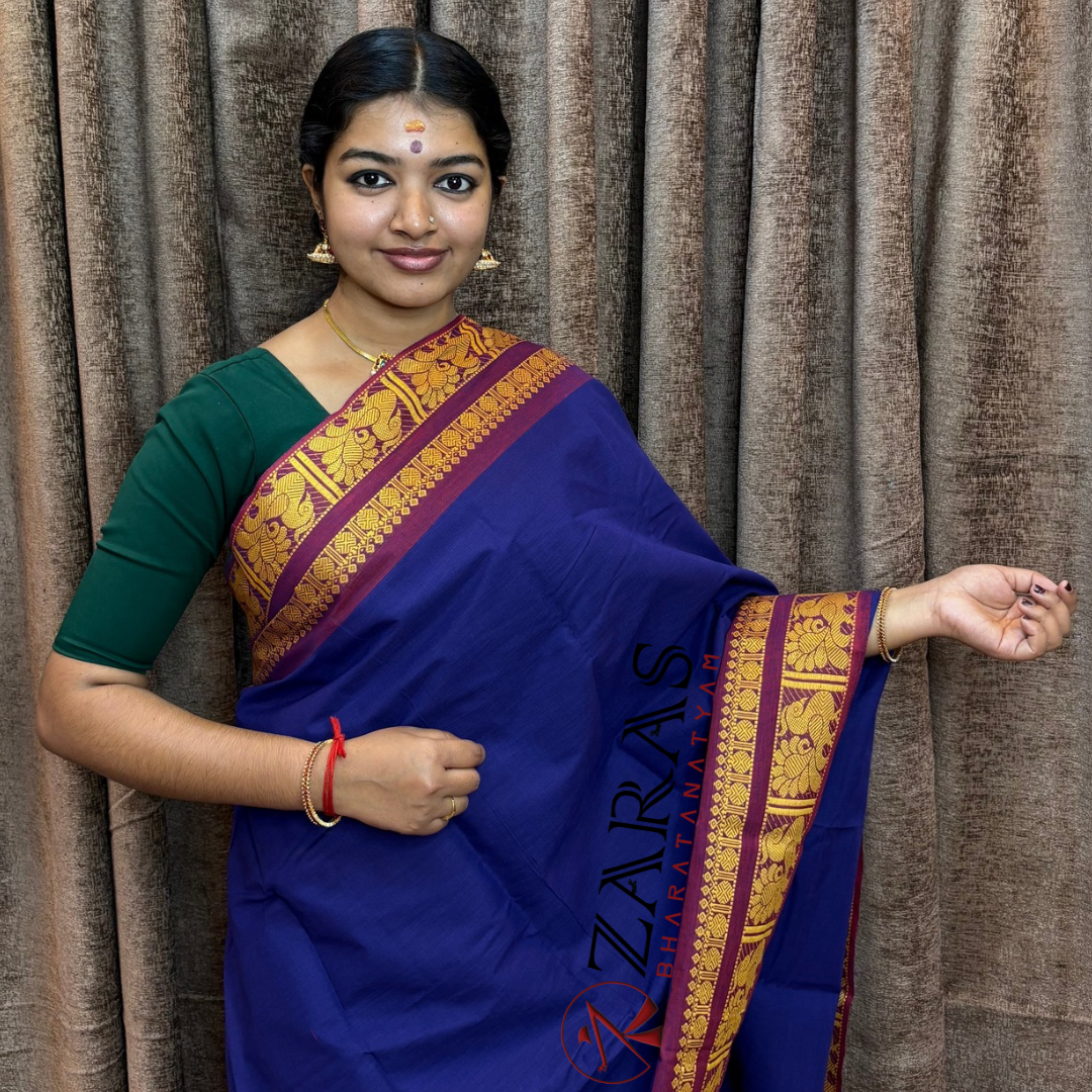Bharatanatyam Dance Practice Saree - Blue D Gold Big Peacock Border image 0