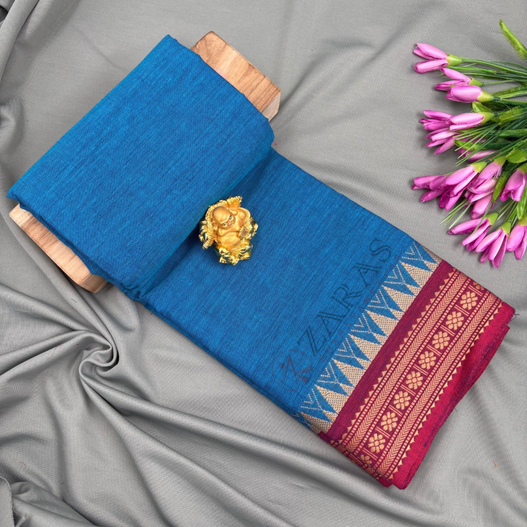 Bharatanatyam Dance Practice Saree - Blue with Maroon Temple Border (6 mtr) image 0