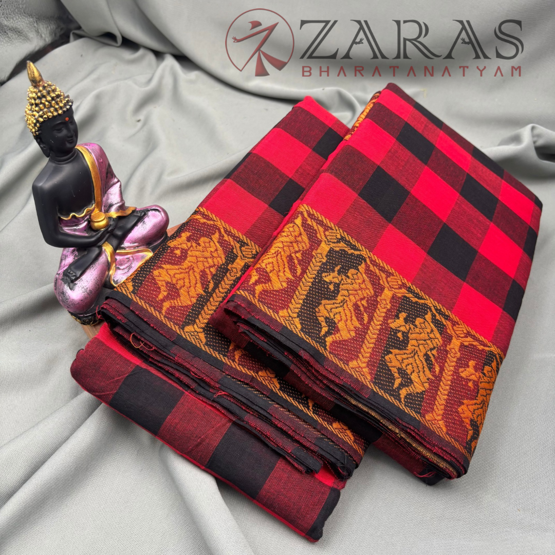 Bharatanatyam Dance Practice Saree - Black With Red Checked With Gold Doll Border image 2
