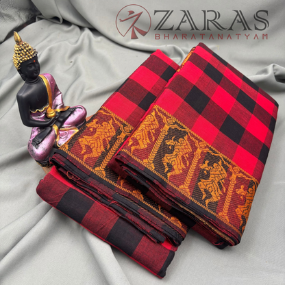 Bharatanatyam Dance Practice Saree - Black With Red Checked With Gold Doll Border image 2