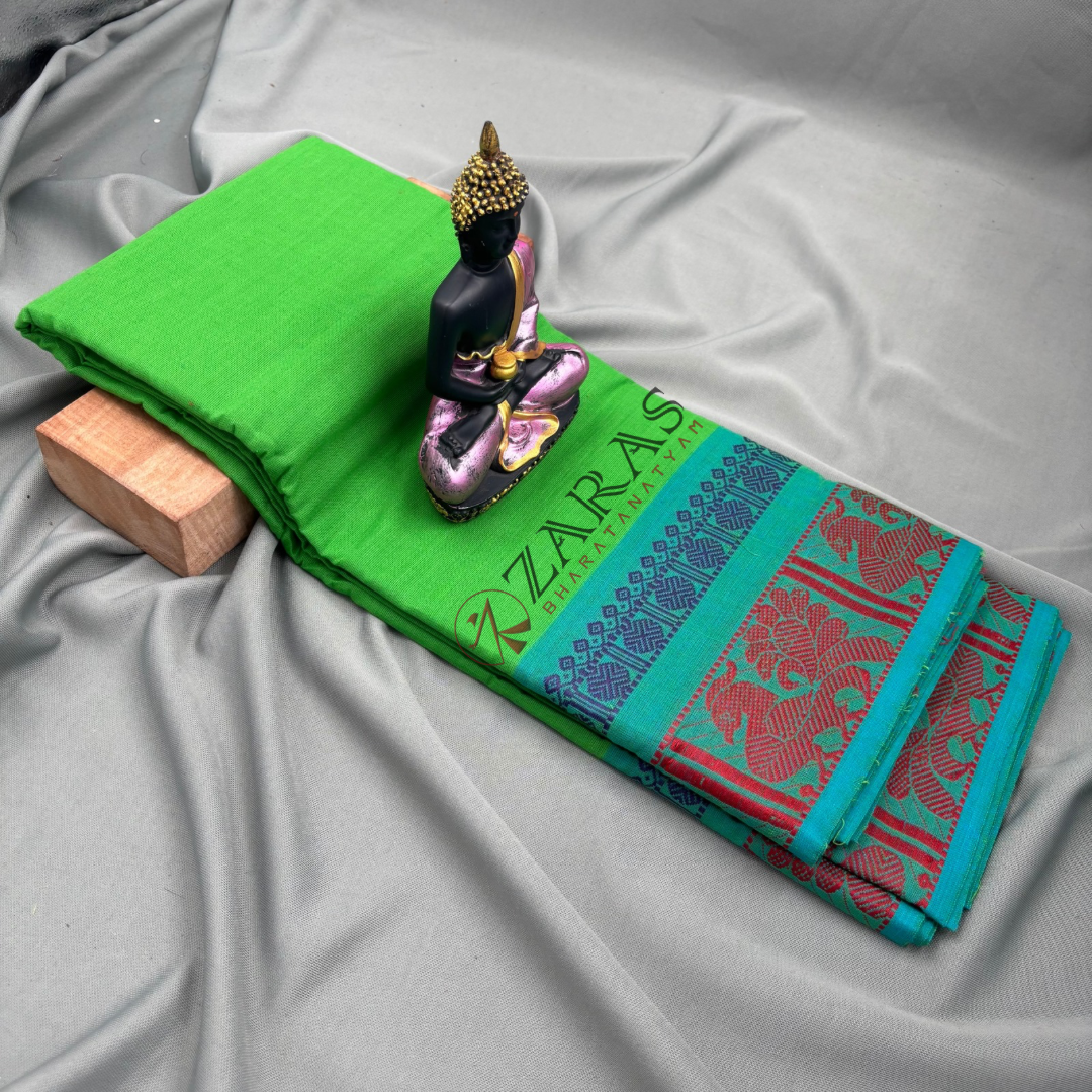 Bharatanatyam Dance Practice Saree - Light Green Red Big Peacock Border image 1