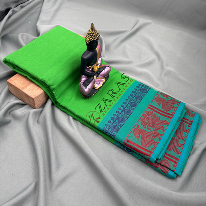 Bharatanatyam Dance Practice Saree - Light Green Red Big Peacock Border image 1