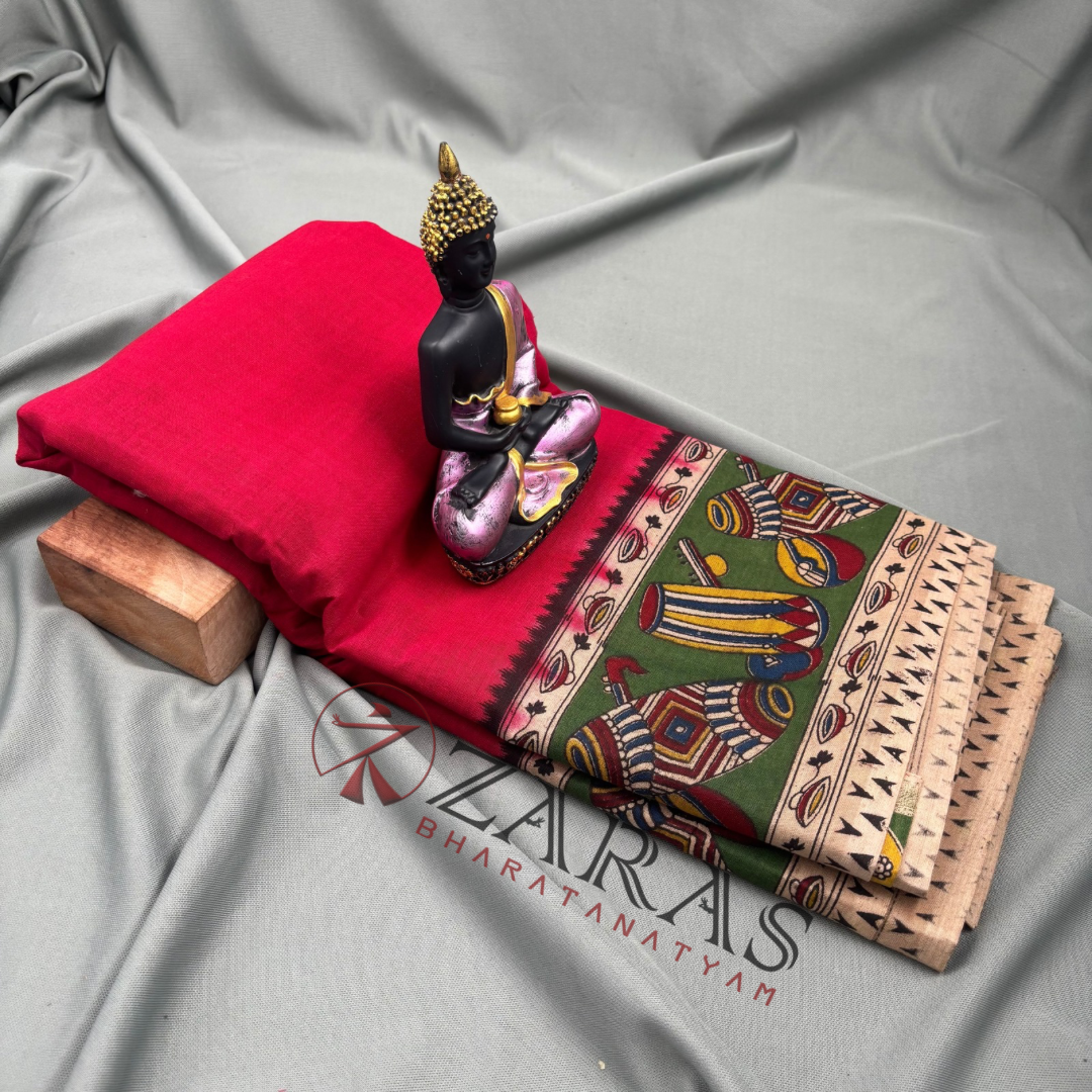 Bharatanatyam Dance Practice Saree - Red with Green Kalamkari Saree image 1
