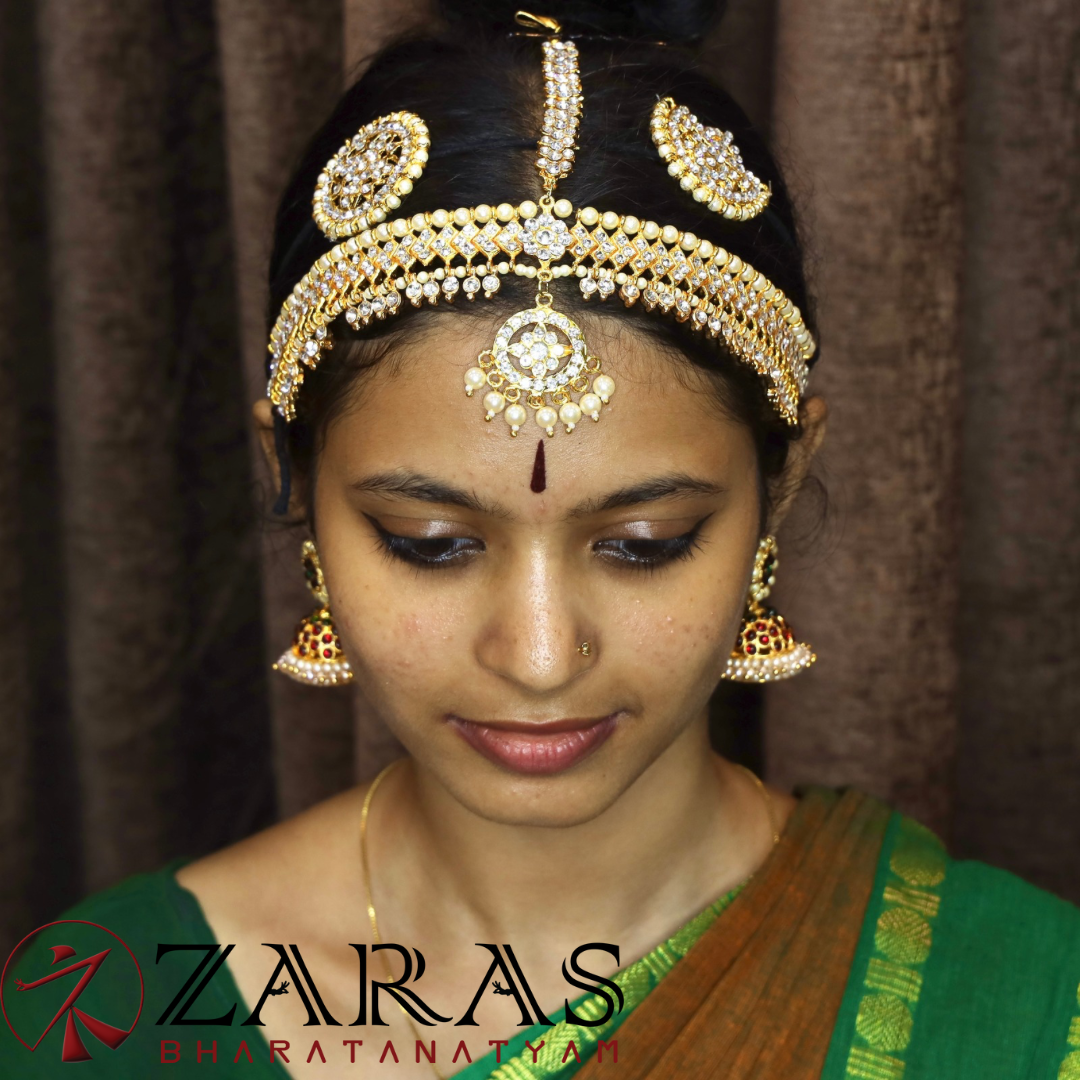 Bharatanatyam Dance Jewellery - Headset Gold White Stone V image 1