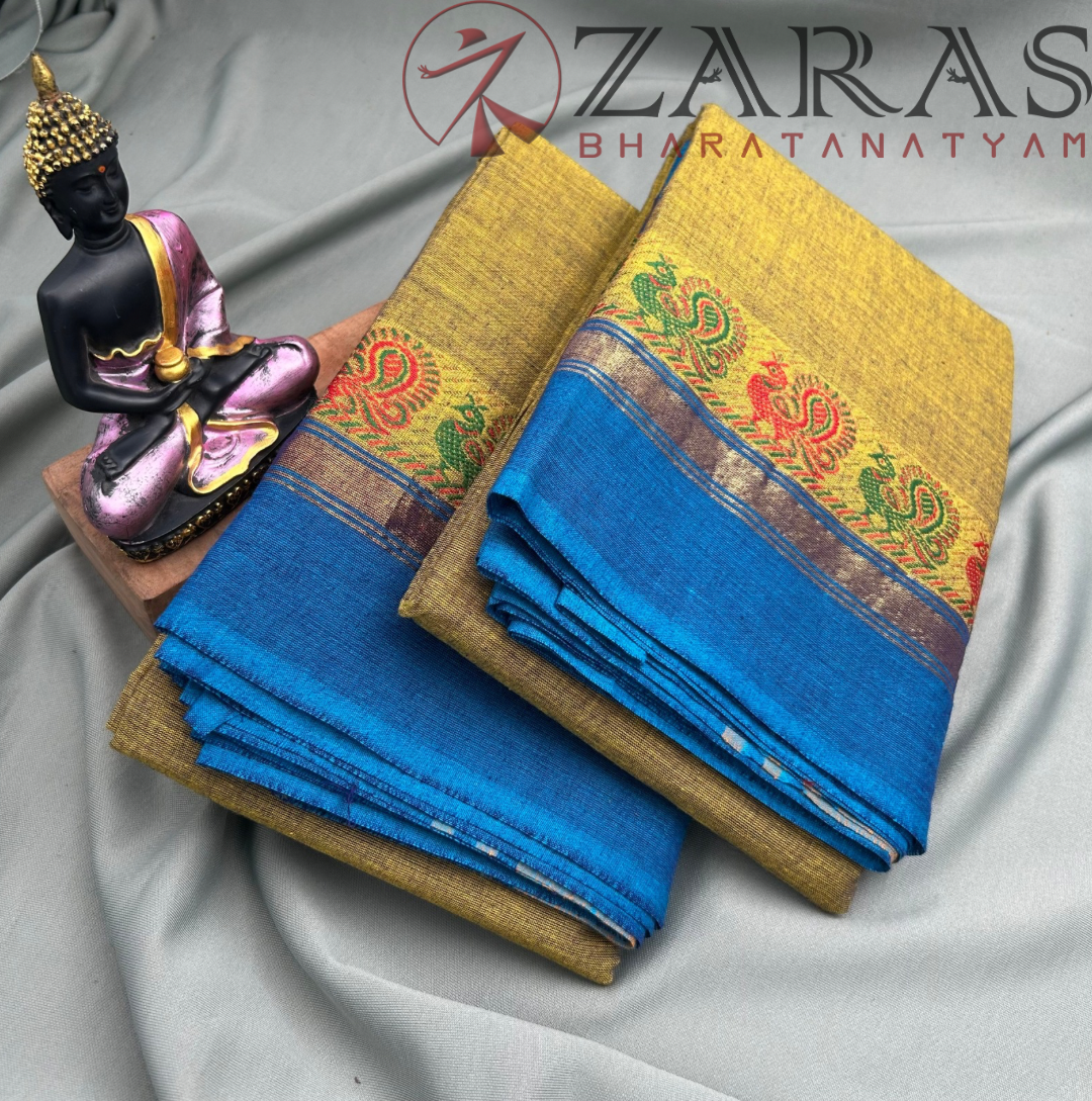 Bharatanatyam Dance Practice Saree - Gold Brown with Blue Small Peacock Border image 1