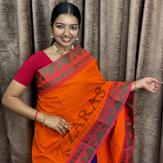 Bharatanatyam Dance Practice Saree - Orange with Red Gopuram Border image 0