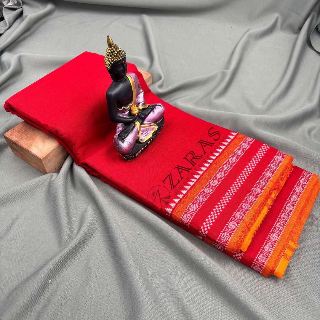 Bharatanatyam Dance Practice Saree - Red with White Double Coin Border image 1