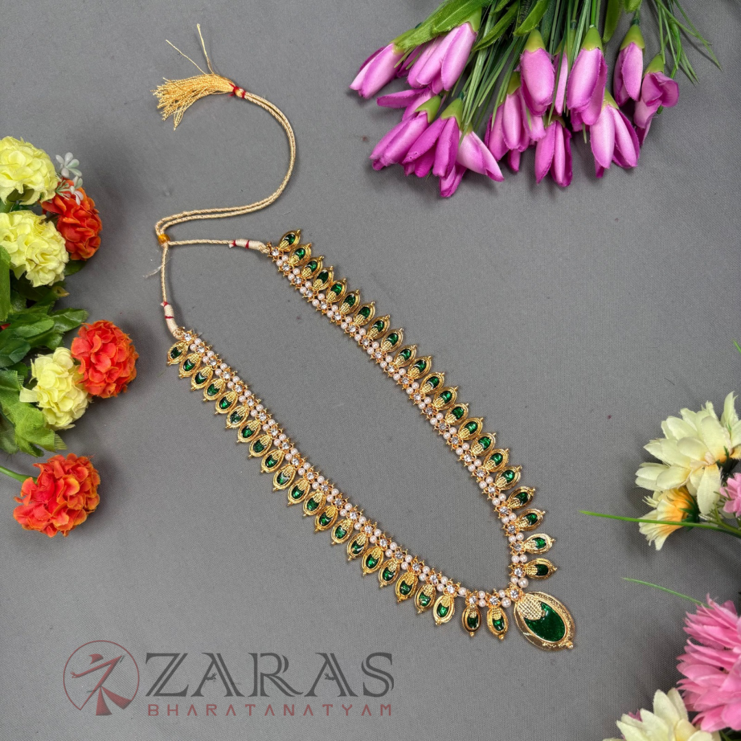 Bharatanatyam Dance Jewellery Haaram - Flower Green Enamel CS Maalai / Long Haaram image 0