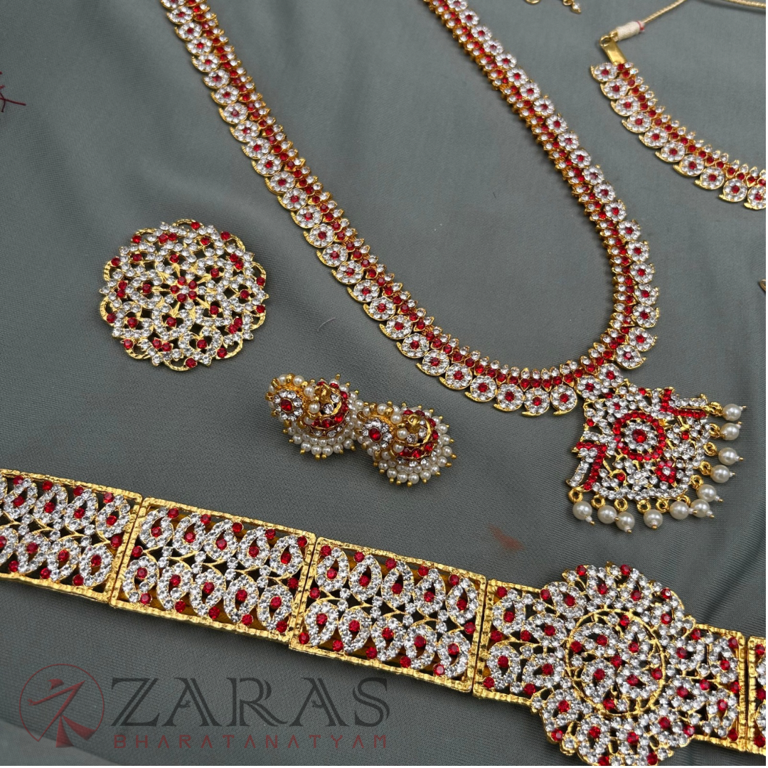 Bharatanatyam Dance Jewellery - Manga Full Set White Red Stone image 1
