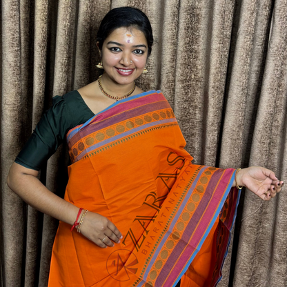 Bharatanatyam Dance Practice Saree - Orange with Blue Temple Coin Border image 0