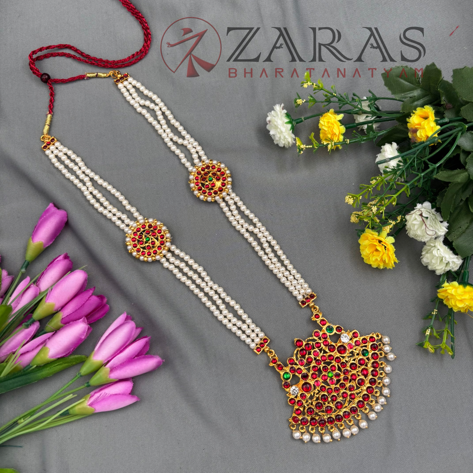 Bharatanatyam Dance Jewellery - Haaram 3 Line Beads Pakad Design RG Kemp image 1