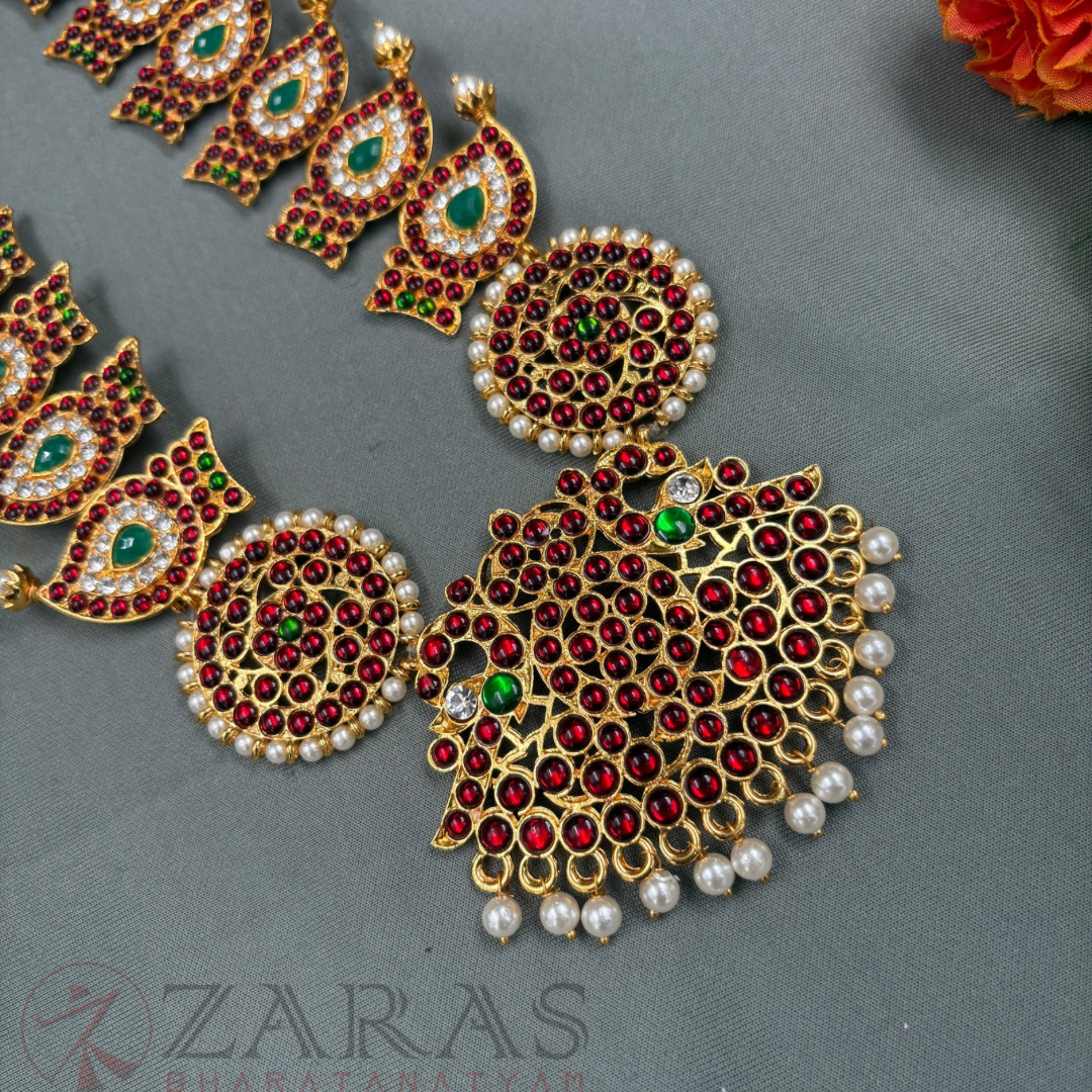 Bharatanatyam Dance Jewellery Haaram - Thilagam & Padak RG Kemp Maalai / Long Beads image 2