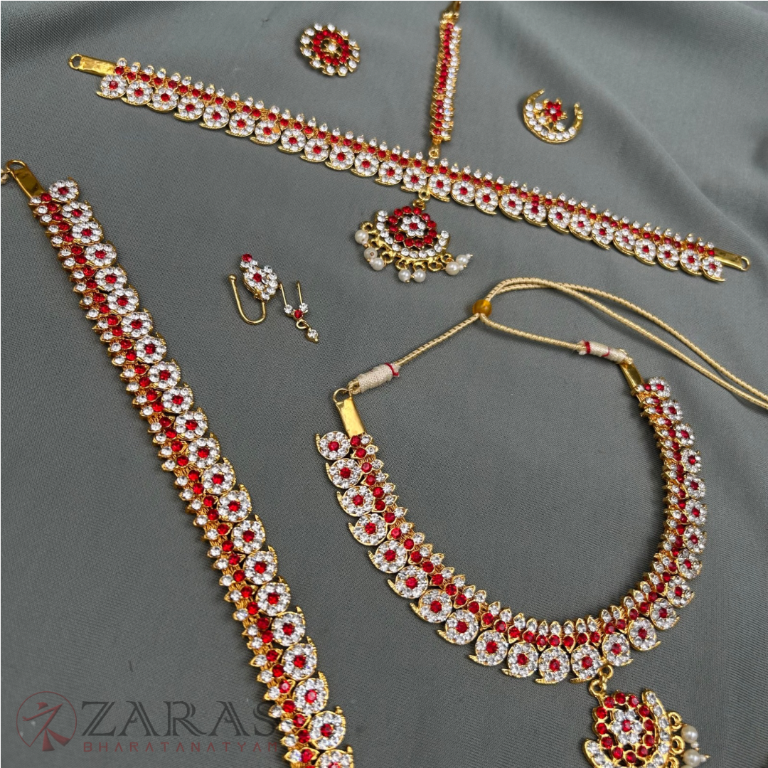 Bharatanatyam Dance Jewellery - Manga Full Set White Red Stone image 4