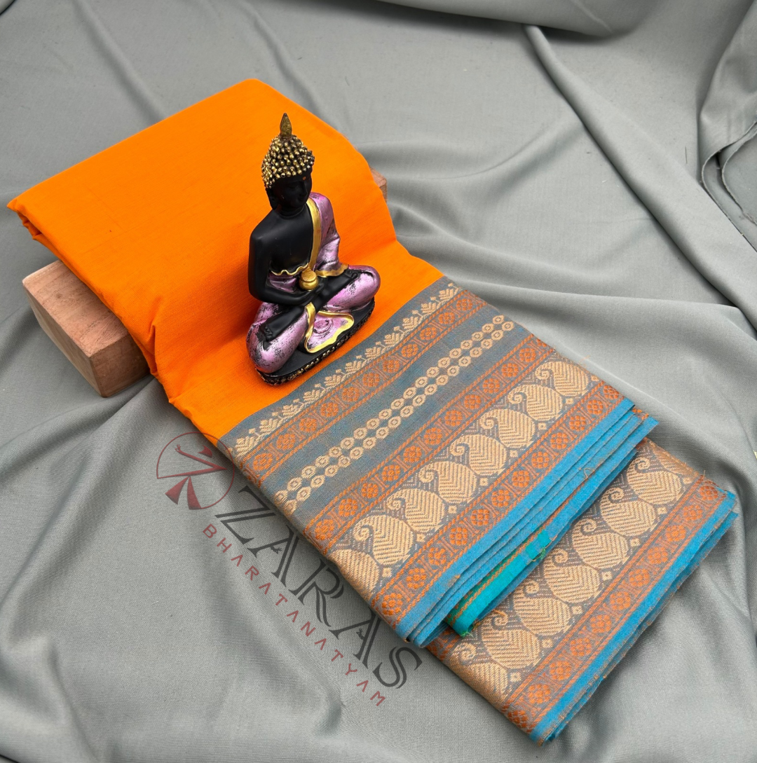 Bharatanatyam Dance Practice Saree - M Yellow with Blue Manga Border (6 mtr) image 0