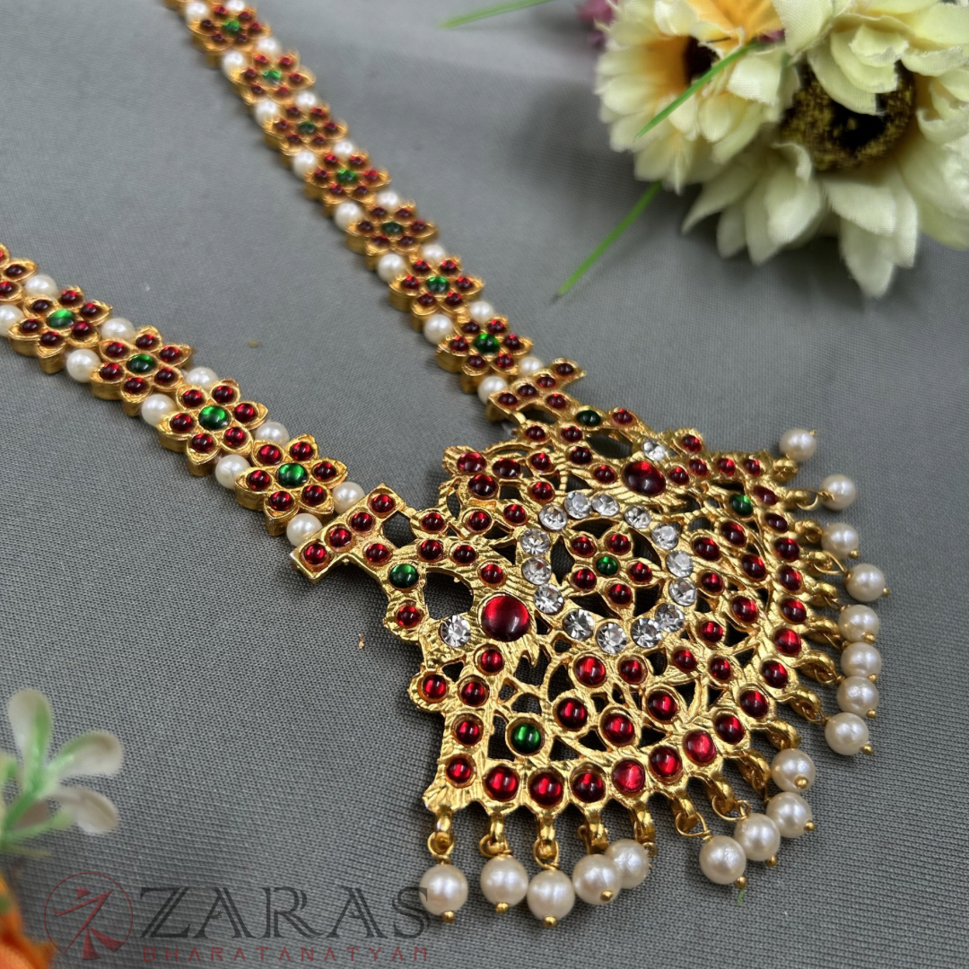 Bharatanatyam Dance Jewellery - Flower Pearls CS RG Kemp Haaram / Long Chain image 1
