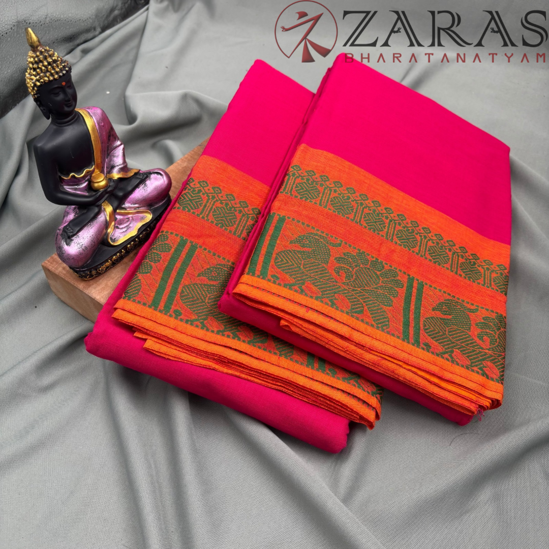 Bharatanatyam Dance Practice Saree - Pink Green Big Peacock Border image 1
