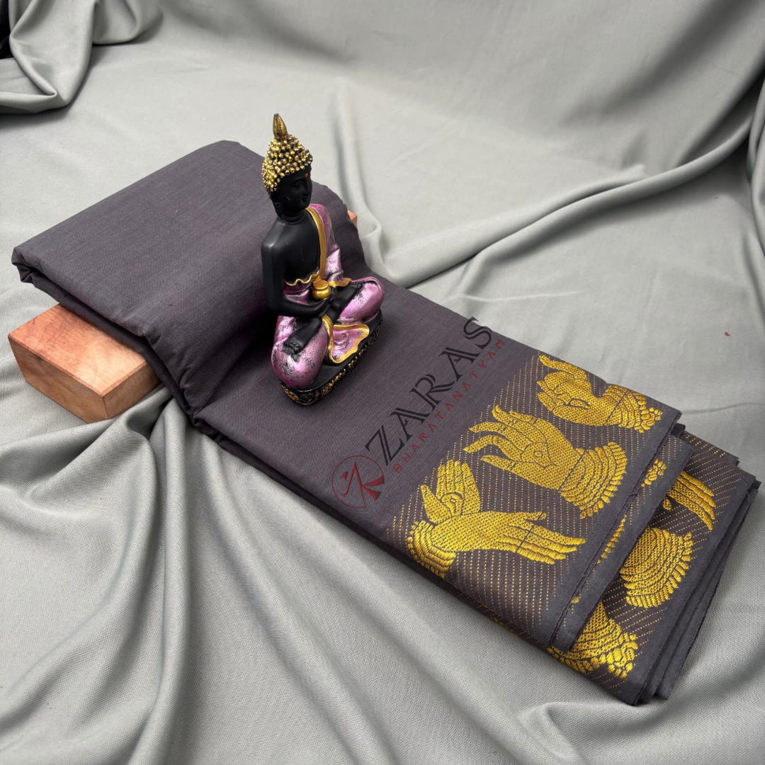 Bharatanatyam Dance Practice Saree - Grey with Gold Mudra Border image 1