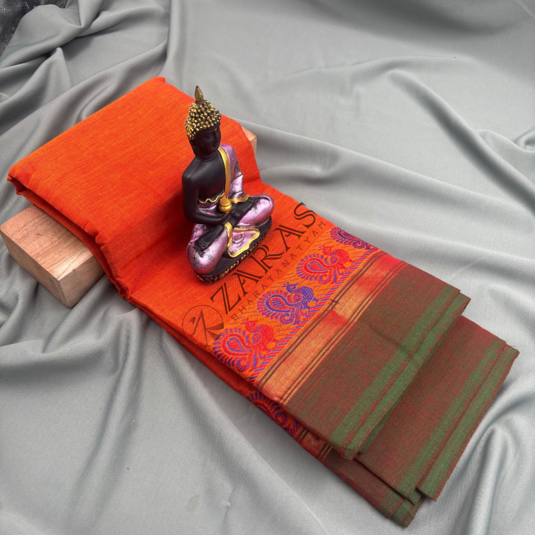 Bharatanatyam Dance Practice Saree - Orange with Green Small Peacock Border image 0