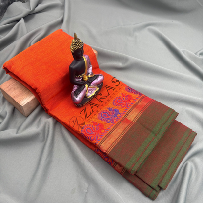 Bharatanatyam Dance Practice Saree - Orange with Green Small Peacock Border image 0