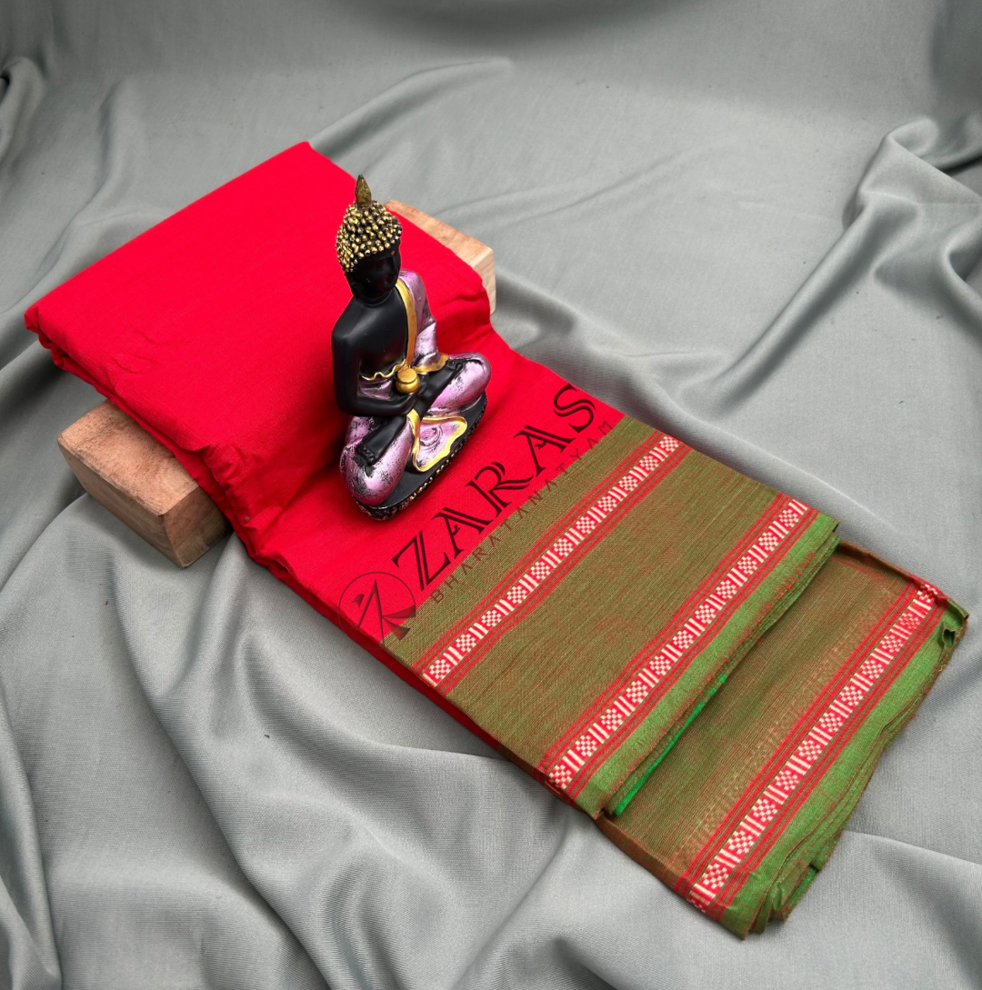 Bharatanatyam Dance Practice Saree - Red with Green Flower Border image 0