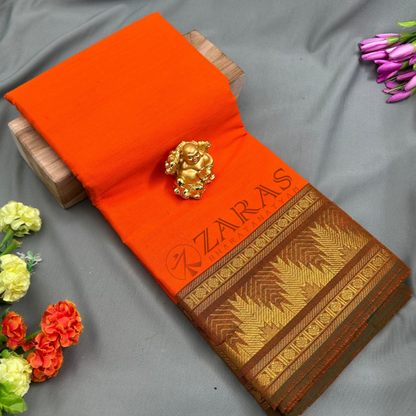 Bharatanatyam Dance Practice Saree - Orange with L Green Temple Border (6mtr) image 0