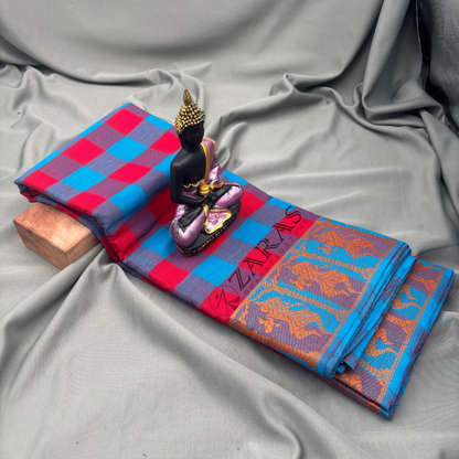 Bharatanatyam Dance Practice Saree - L Blue With Red Checked With Gold Doll Border image 1
