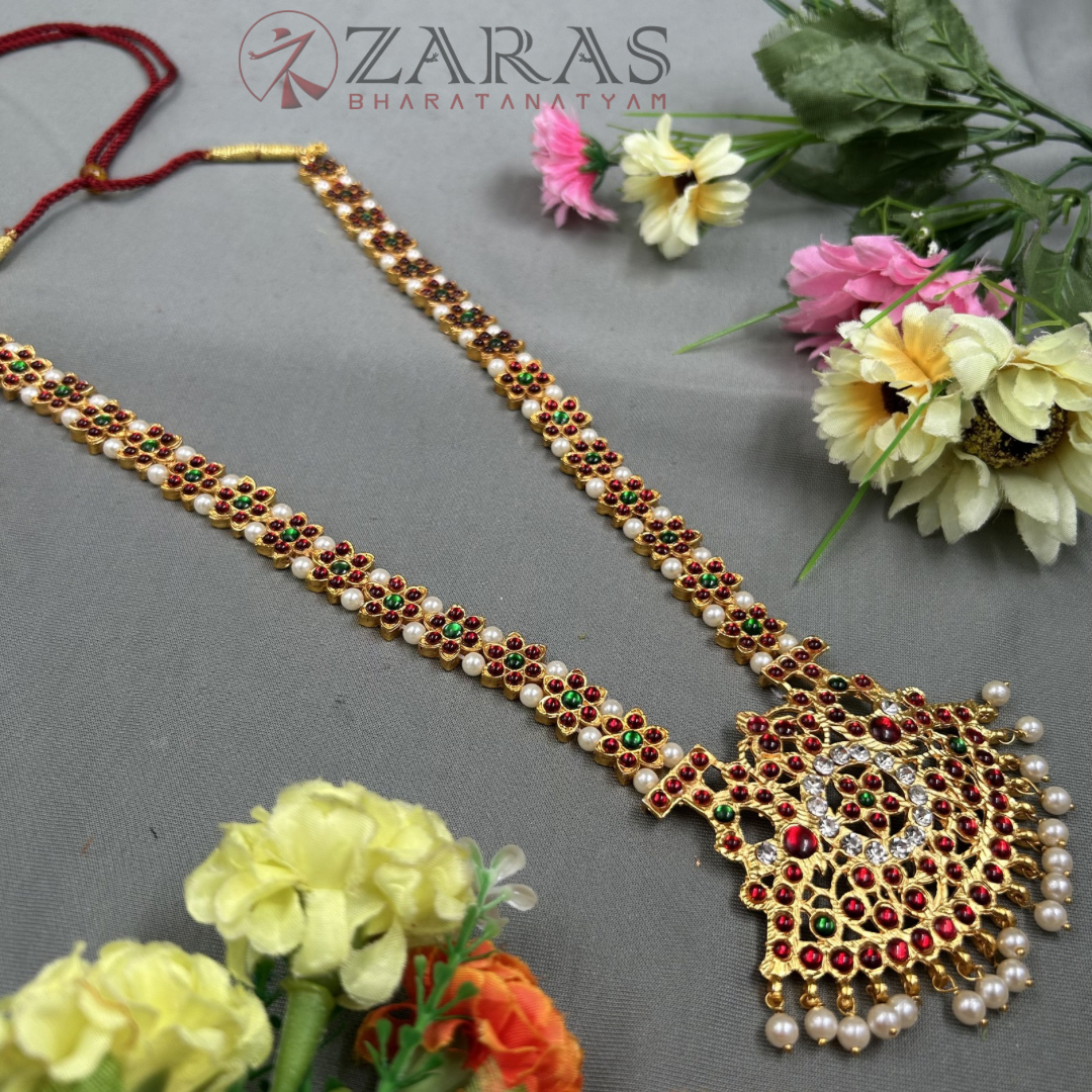Bharatanatyam Dance Jewellery - Flower Pearls CS RG Kemp Haaram / Long Chain image 2