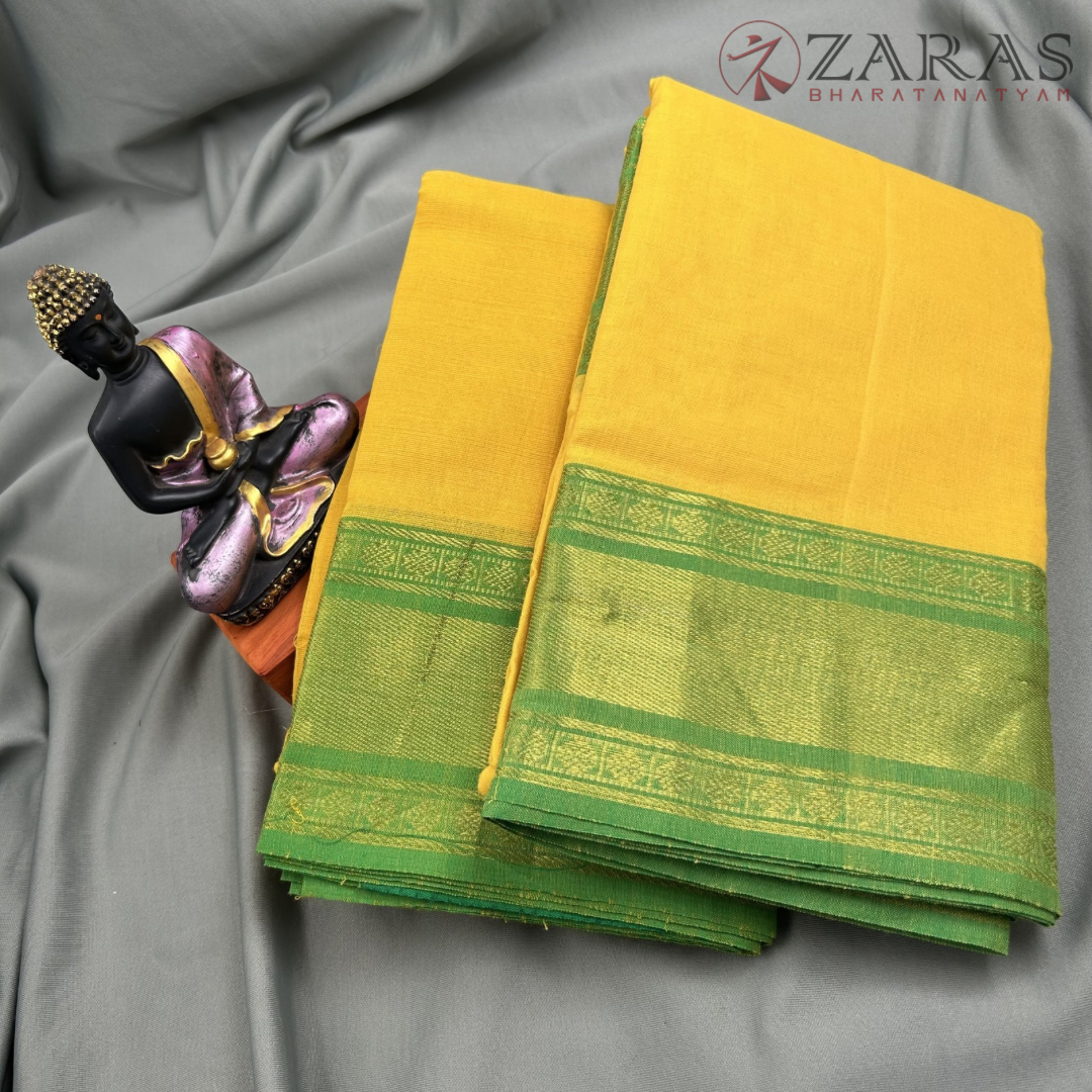 Bharatanatyam Dance Practice Saree - L Yellow with Green D Coin Border image 1