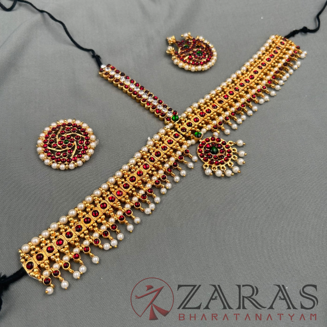 Bharatanatyam Dance Jewellery - Headset BT with Round Center Red Kempu image 1